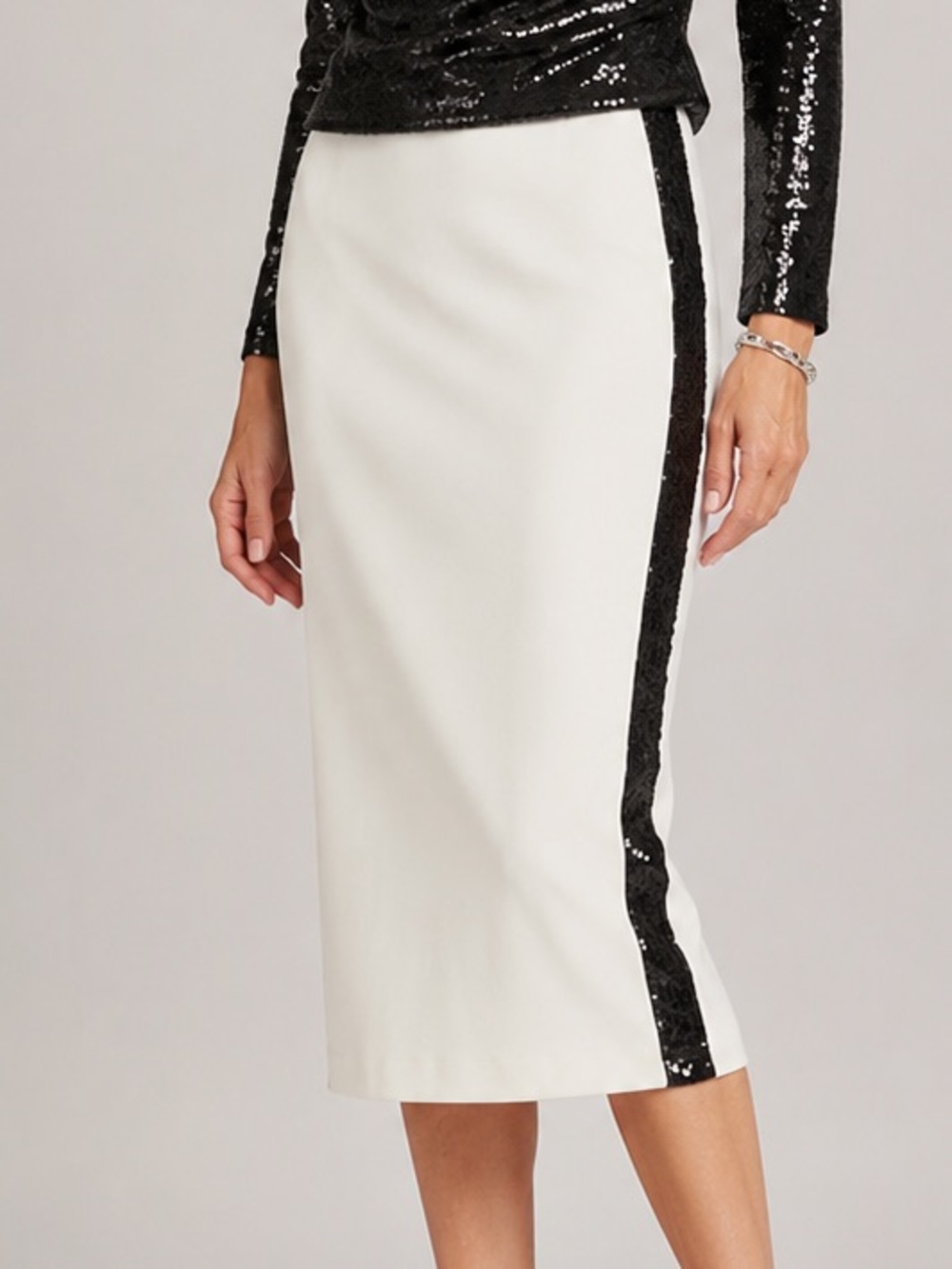 NWT Brian Bailey - Cream Midi Pencil Skirt with Black Sequin Side Trim - SzM